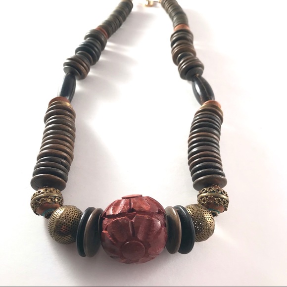 Vintage Jewelry - STATEMENT NECKLACE Retro Chunky Brass Carved Wood